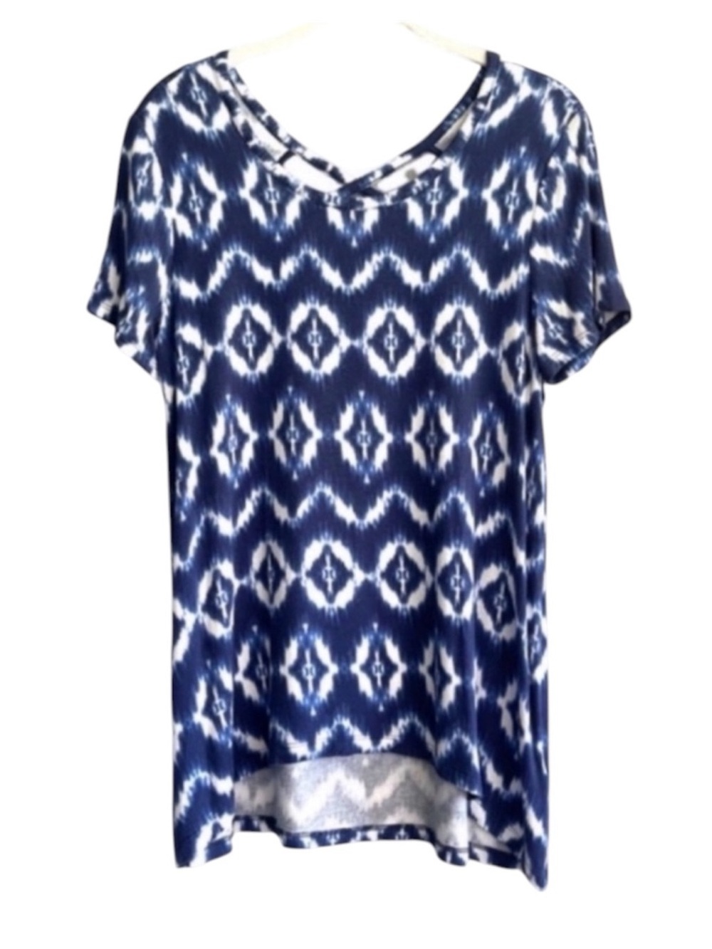 Sunday Short Sleeve Tunic Top Laced Back Geometric Print Blue White Size XS